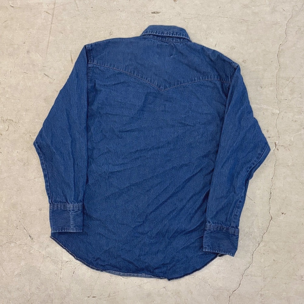Wrangler Mens Denim Western Pearl Snap Shirt Indigo Blue Long Sleeve Raw Hem M - Picture 2 of 6